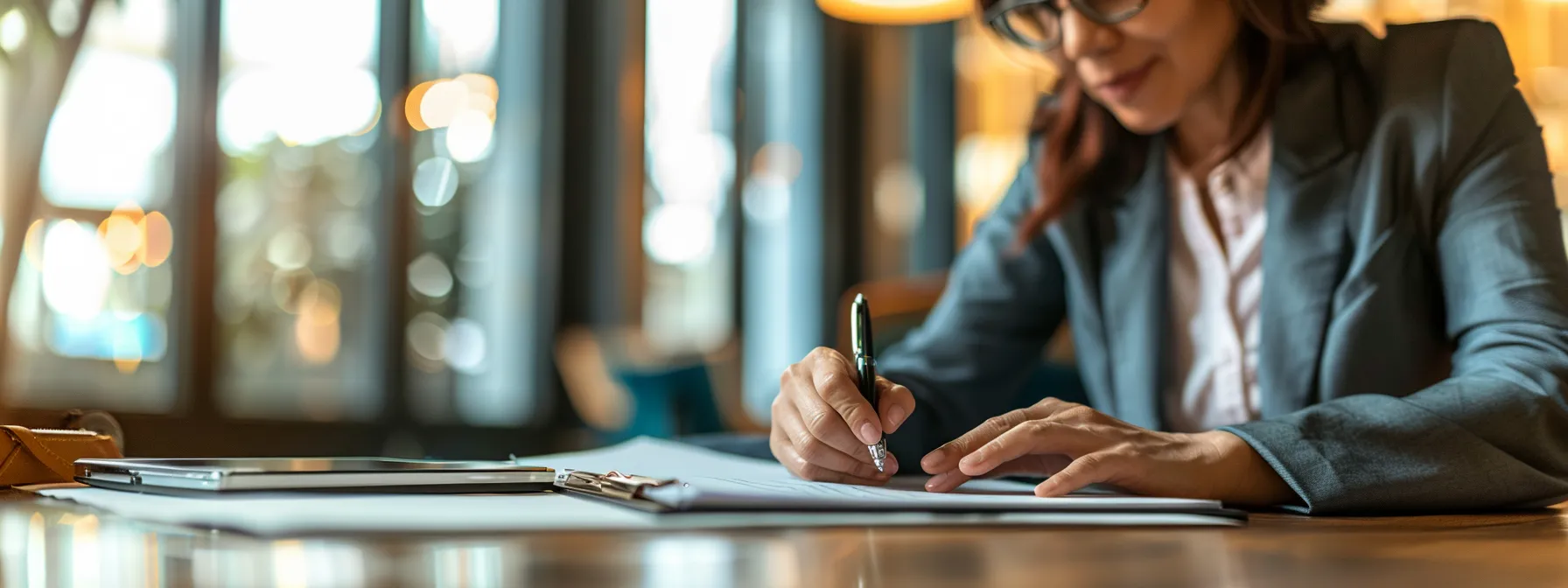 a woman confidently signing paperwork at a sleek, modern law office while a lawyer explains personal injury protection benefits.