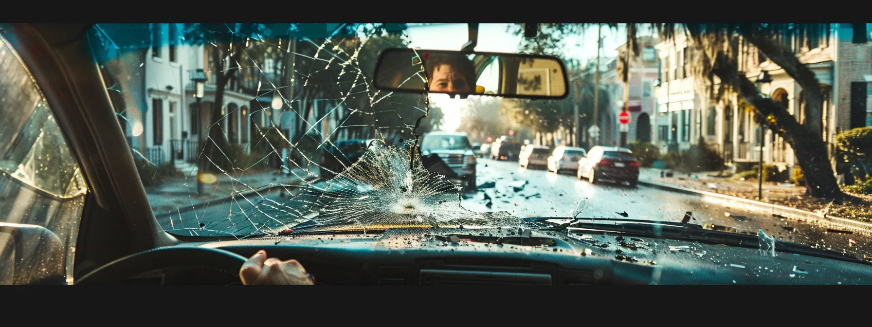 a distressed driver holding a broken rearview mirror while surveying the damage of a car accident on a busy street in savannah.